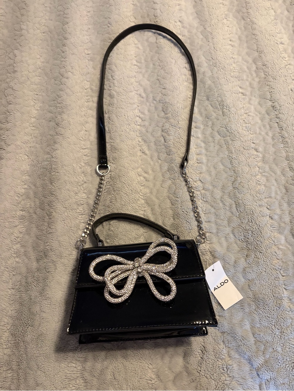 ALDO Black Patent Mini Shoulder Bag with Silver Rhinestone Bow
